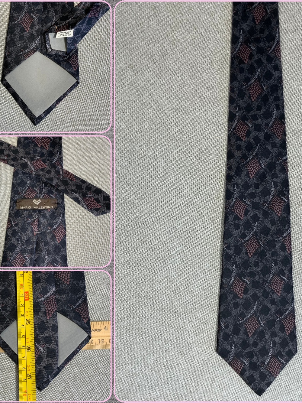 Mario Valentino Silk Tie Gray Pink Geometric Designer Necktie